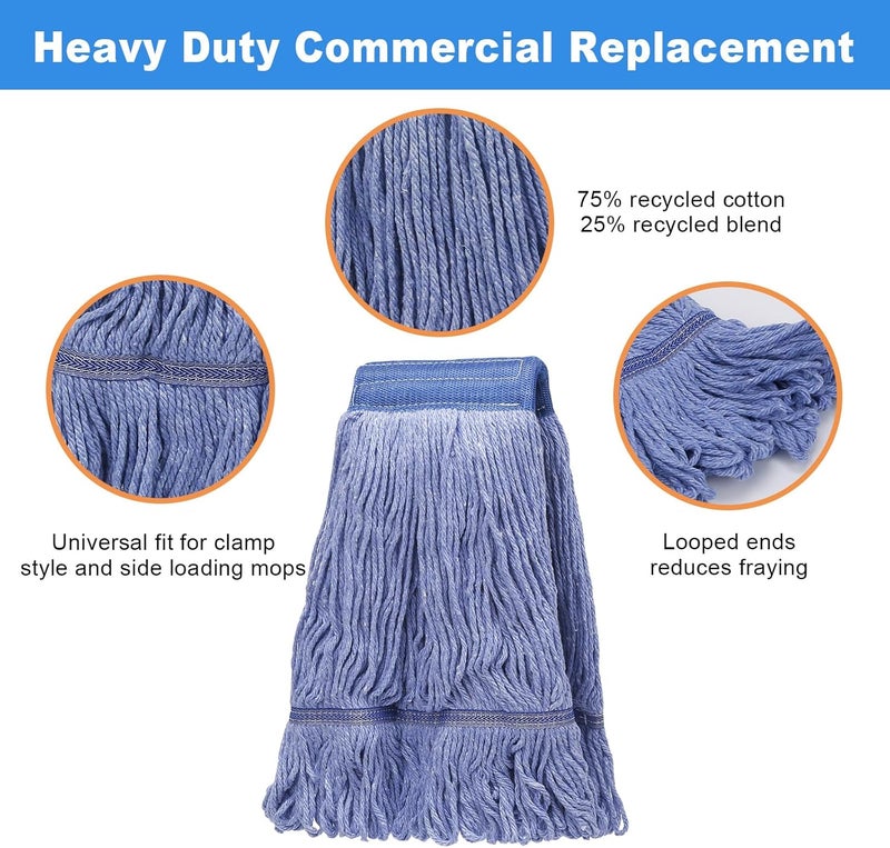 Hakfhsd 2 Pack Mop Head Replacement, Cleaning Heavy Duty Mop Head Commercial Replacement, Wet Industrial Blue Cotton Looped End String Head Refills, Heavy Mop Replace Head, for General and Floor Cleaning - Image 2
